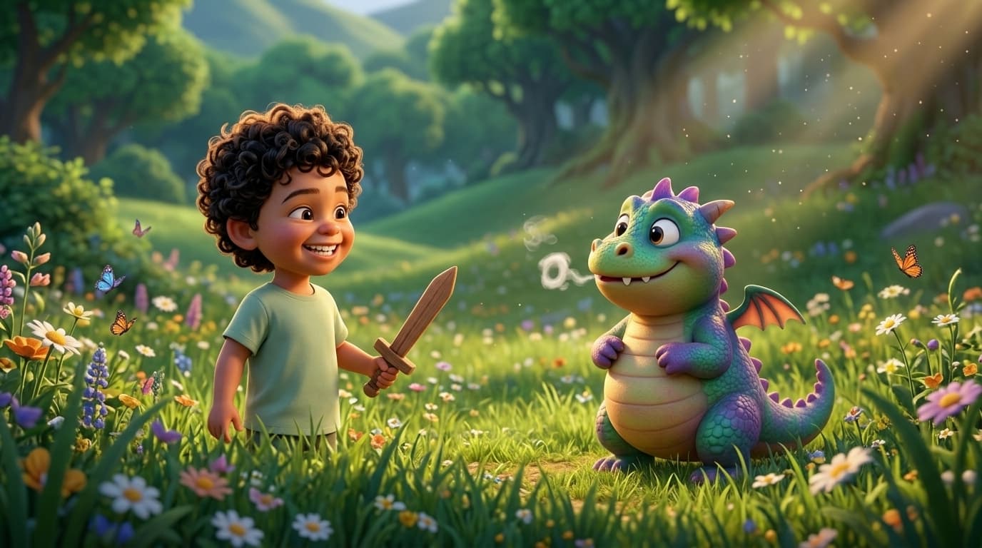 An animated boy playfully facing a friendly dragon in a sunlit meadow